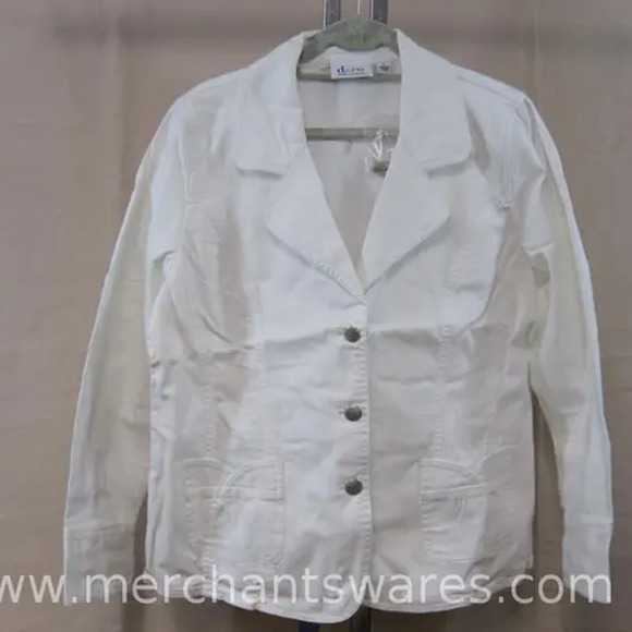 NWT-Denim & Co Large White Three Button Stretch Denim Blazer with Silver Buttons - Picture 7 of 11